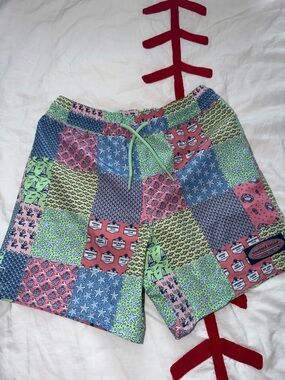 Vineyard Vines Kids Patchwork Print Swim Trunks in Pink, Blue, Green